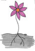 Gezeichnete Blume mit Wurzeln und lilafarbenen Blütenblättern