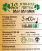 Das Bild zeigt das Plakat zum 16. Irish-Folk-Festival. Auf beigem Untergrund sind alle Veranstaltungsdaten in grüner und schwarzer Schrift hinterlegt. Im oberen Viertel zieren zwei grüne, irische Kleeblätter das Plakat.