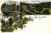 Historische Postkarte aus Reichenfels mit dem Aufgang zur Ruine, dem Alterthumsmuseum und dem Steinkreuz