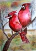 Rote Vögel auf Japanpapier - Aquarell