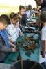 Kinder stehen an einem langen Tisch, wo viele unterschiedliche Metallst&uuml;cke liegen